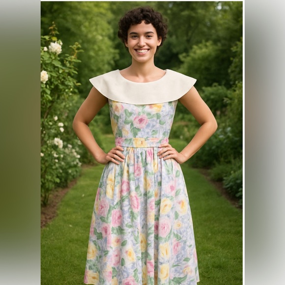 80’s Floral Fab SZ 8P Cali Girl Pastel Full Length Dress with White Linen Collar - Picture 1 of 3